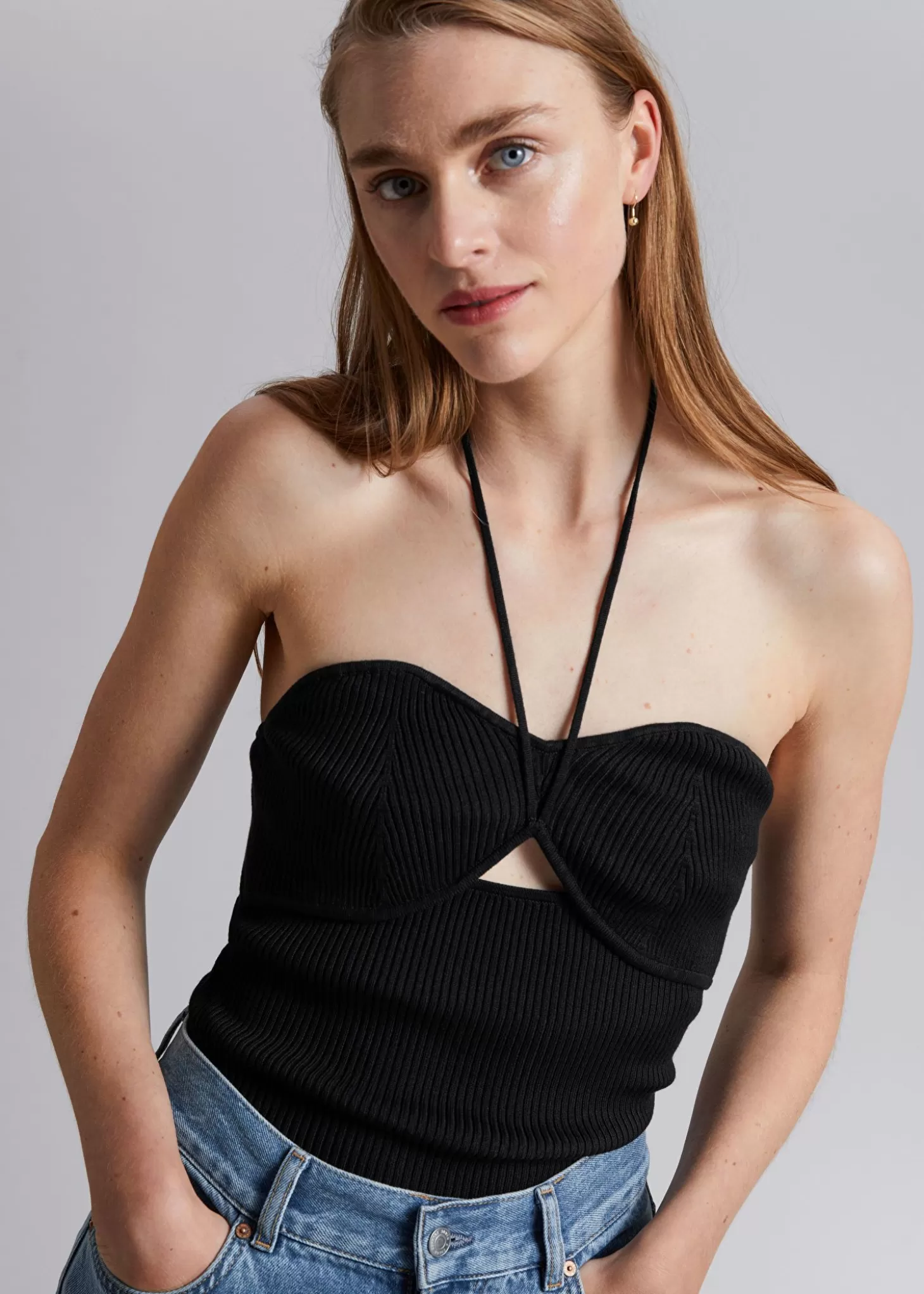 Topper*& Other Stories Ribbet Halterneck Bustier Topp Svart