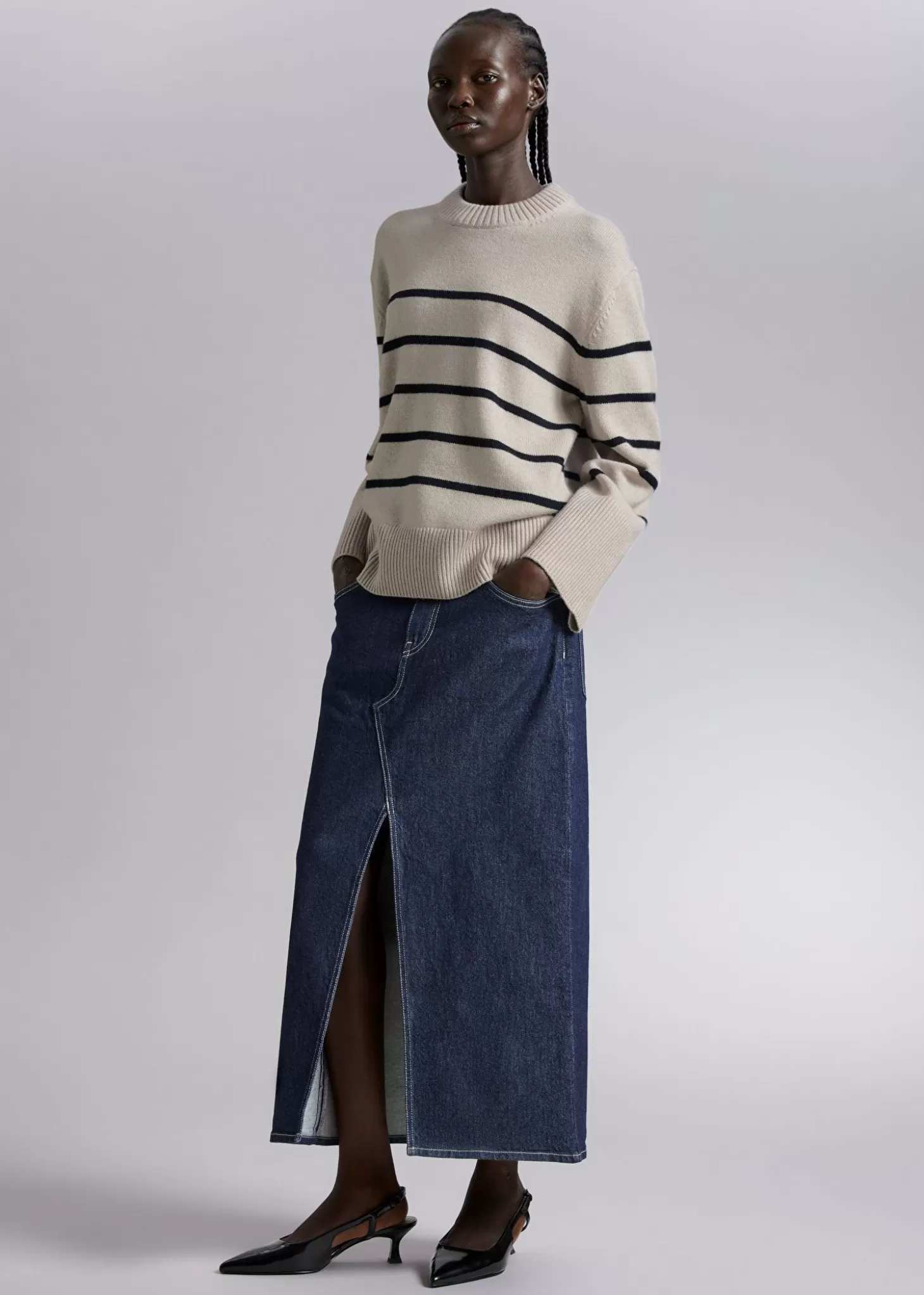 Strikkevarer*& Other Stories Ull Strikket Genser Beige/Navy Melange Stripe